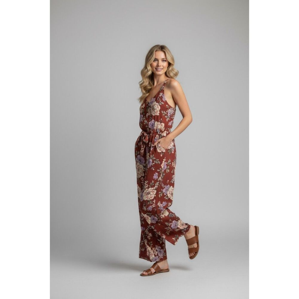 Derek Heart Jumpsuit Womens XL Maroon Floral Rayon Wide Leg Cottagecore Boho